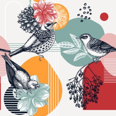 Papier peint à motif  Collage style seamless pattern design. Hand-sketched bird on dahlia flower. Trendy background with botanical, geometric shapes, and abstract elements. Perfect for print, wrapping paper, packaging