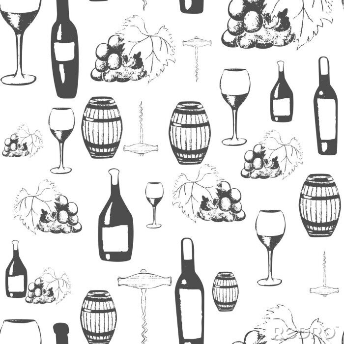 Papier peint à motif  Collection de vins dessinés à la main. Modèle sans couture avec des bouteilles de vin, verres, tonneau de vin, tire-bouchon et raisins. Illustration vectorielle