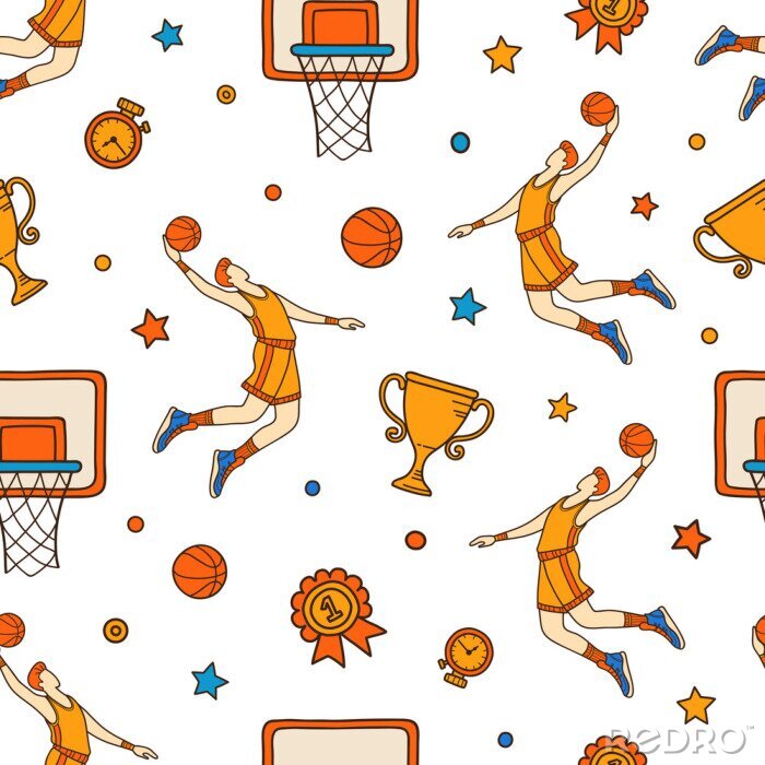 Papier peint à motif  Colored seamless pattern of hand drawn basketball objects and symbols. Basketball doodle concept.