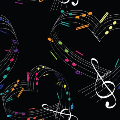 Papier peint à motif  Colorful music notes in the shape of the heart.  Seamless pattern. Vector illustration of hearts with colorful music notes on black background.