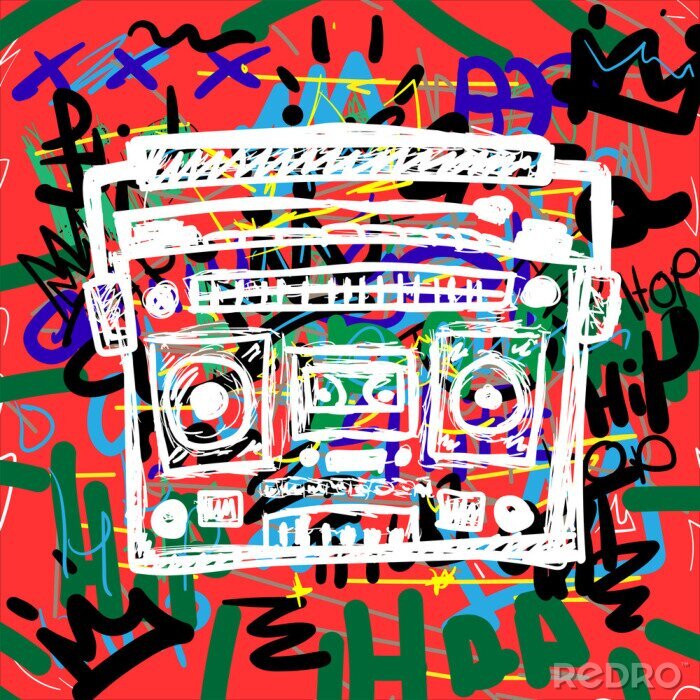 Papier peint à motif  Colorful poster with sketch of cassette recorder on background with text Hip Hop, crowns and abstract elements. Drawn by hand. Vector illustration.