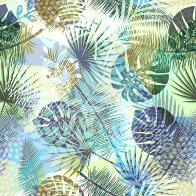 Papier peint à motif  Colourful trendy seamless exotic pattern with tropical plants and hand drawn textures. Modern abstract design for paper, wallpaper, cover, fabric and other users. Vector illustration.