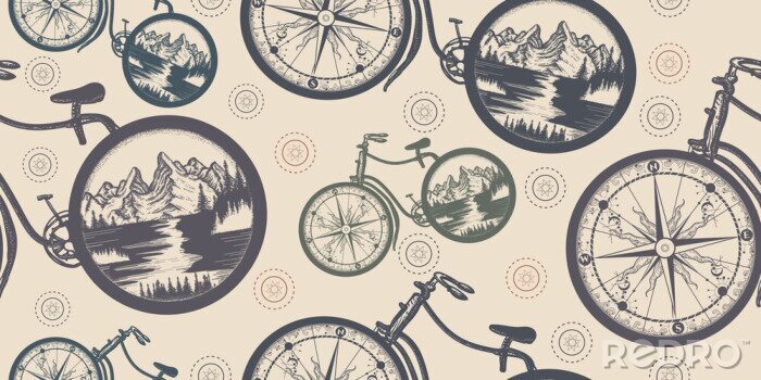 Papier peint à motif  Compass and mountains in bicycle wheels. Seamless pattern. Packing old paper, scrapbooking style. Vintage background. Medieval manuscript, engraving art. Symbol of travel, tourism, adventure