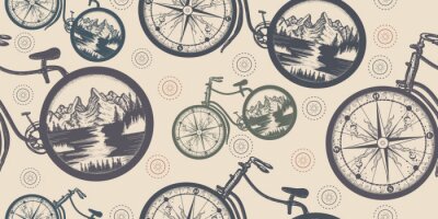 Papier peint à motif  Compass and mountains in bicycle wheels. Seamless pattern. Packing old paper, scrapbooking style. Vintage background. Medieval manuscript, engraving art. Symbol of travel, tourism, adventure