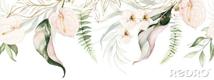 Papier peint à motif  Composition avec des feuilles et des fleurs tropicales