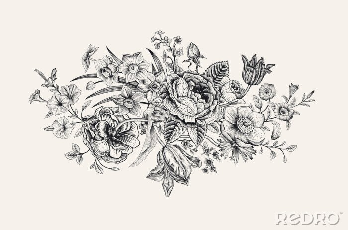 Papier peint à motif  Composition de tulipes et de fleurs en noir et blanc