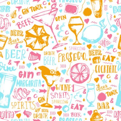 Papier peint à motif  Conception de modèle de boisson alcoolisée avec des lunettes grunge et lettrage. Fond de pub dessiné à la main