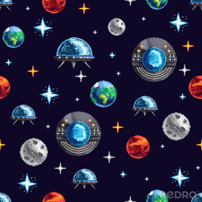 Papier peint à motif  Conception de pixels d'arrière-plan transparent avec des planètes colorées et des vaisseaux spatiaux