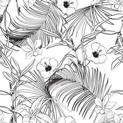Papier peint à motif  Contour noir et blanc des palmiers de la forêt sombre et forêt tropicale sur fond blanc. Modèle sans couture de vecteur.