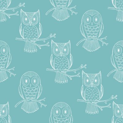 Papier peint à motif  Contours blancs de hiboux sur fond bleu