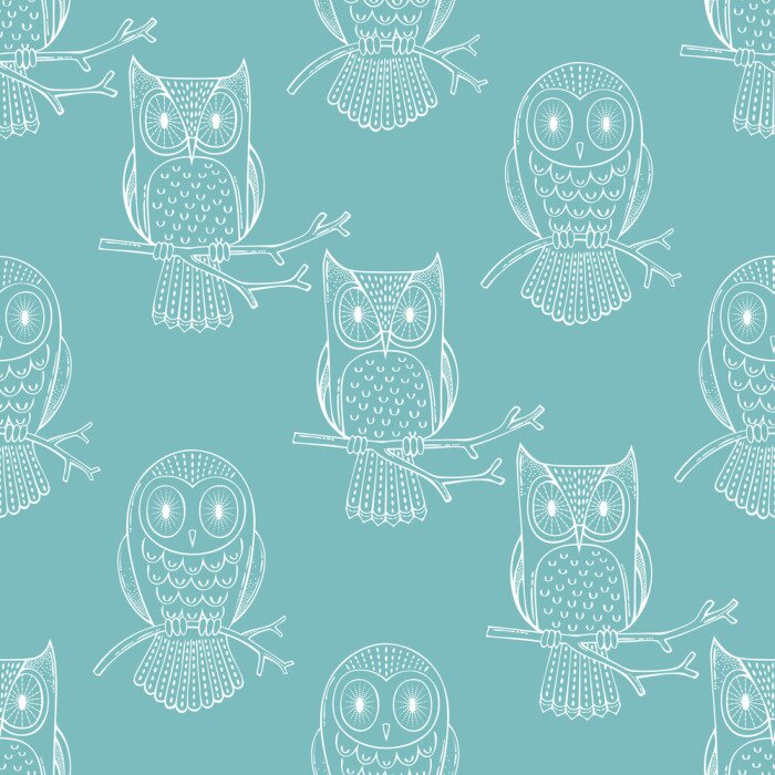 Papier peint à motif  Contours blancs de hiboux sur fond bleu