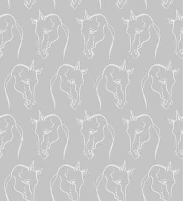 Papier peint à motif  Contours blancs des têtes de cheval sur fond gris