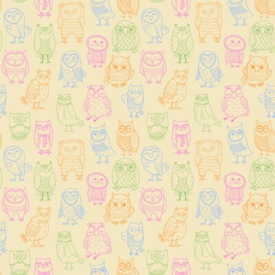 Papier peint à motif  Contours colorés de hiboux sur fond clair