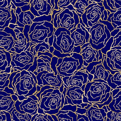 Papier peint à motif  Contours contrast?s de roses sur fond bleu fonc?