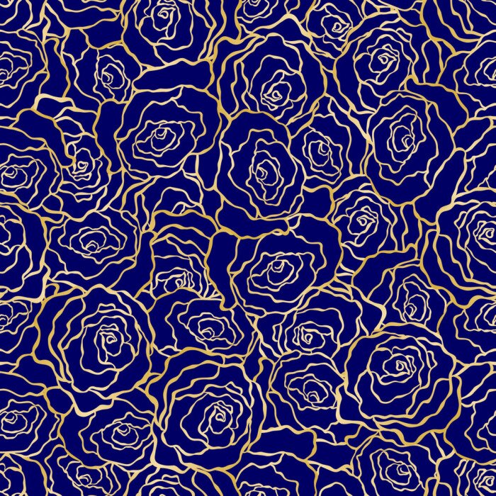 Papier peint à motif  Contours contrast?s de roses sur fond bleu fonc?