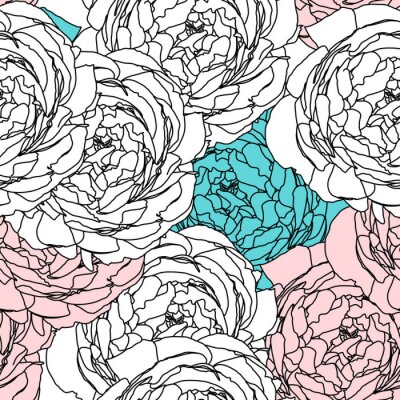 Papier peint à motif  Contours floraux roses blanc-rose-bleu