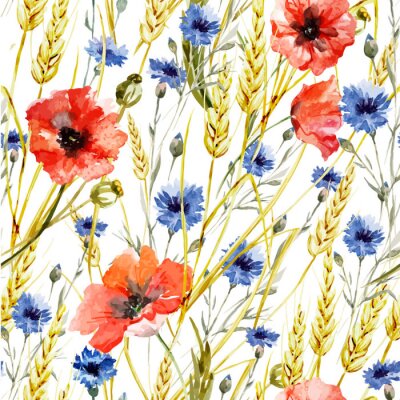 Papier peint à motif  Coquelicots, bleuets et blé