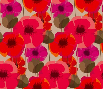 Papier peint à motif  Coquelicots rouges et roses abstraits