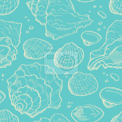 Papier peint à motif  Coquillages blancs sur fond bleu