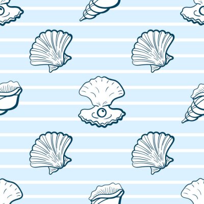 Papier peint à motif  Coquillages fermés et avec une perle sur fond rayé