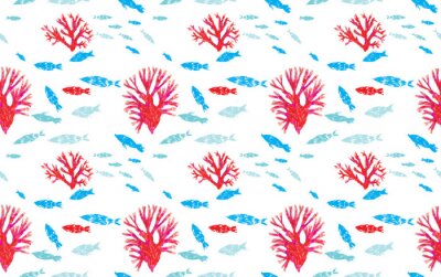Papier peint à motif  Coraux rouges et poissons bleus