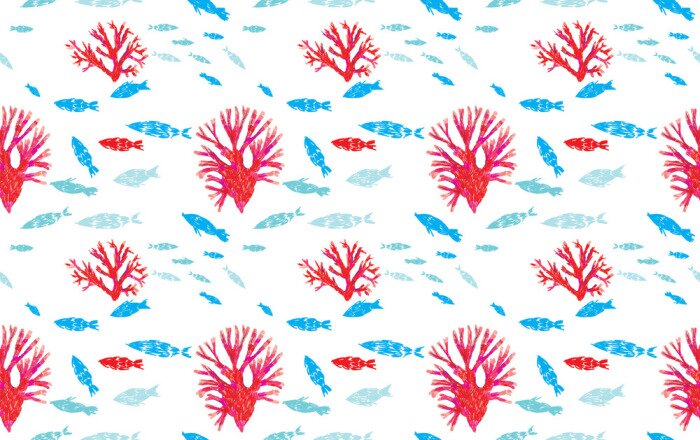 Papier peint à motif  Coraux rouges et poissons bleus
