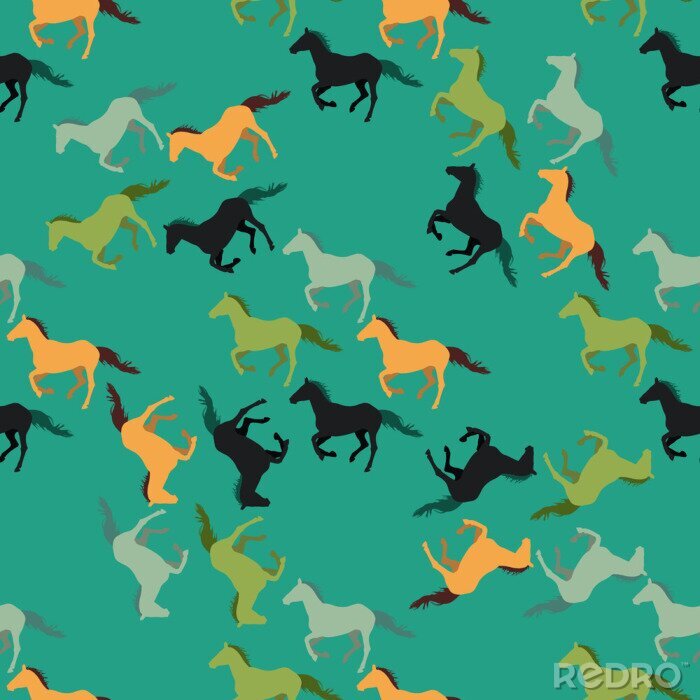 Papier peint à motif  Courir des chevaux sur fond vert