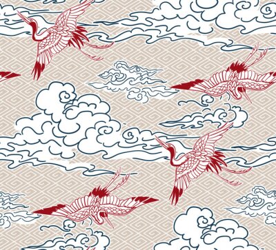 Papier peint à motif  crane birds sky cloud japanese chinese vector design pattern