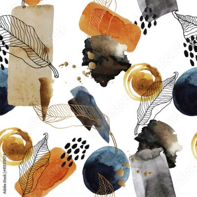 Papier peint à motif  Croquis de feuilles et de taches d'aquarelle abstraites