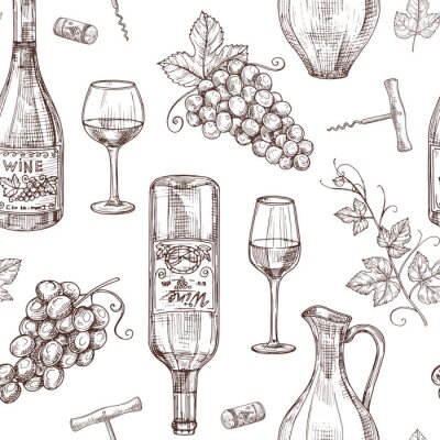 Papier peint à motif  Croquis de modèle sans couture de vin. Bouteilles de vin tire-bouchon en verre de vin et raisin. Winery, texture de menu de vecteur de restaurant. Illustration de l'alcool boire du vin, modèle de croq