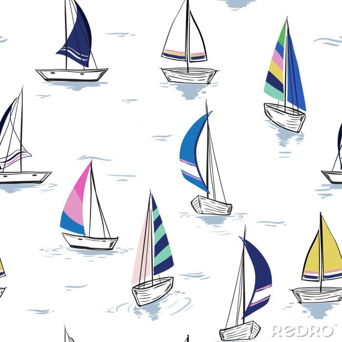 Papier peint à motif  Croquis dessin main motif de mer transparente de l'été avec les voiliers sur fond blanc.