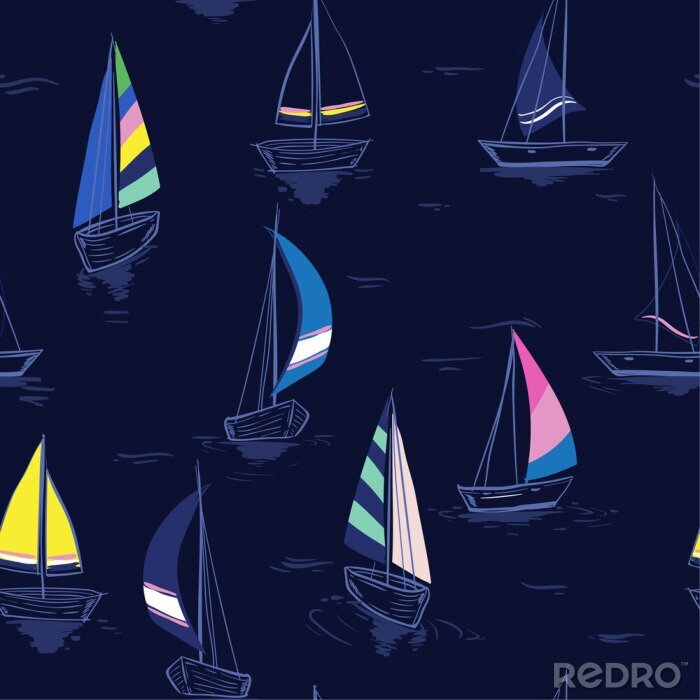 Papier peint à motif  Croquis dessin main motif de mer transparente de l'été avec les voiliers sur fond bleu marine.