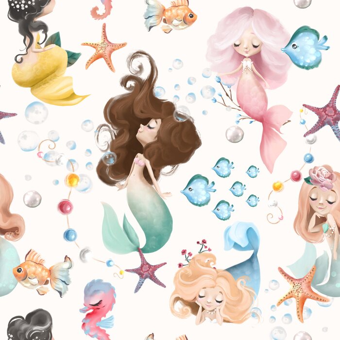 Papier peint à motif  Cute and beautiful seamless pattern - little mermaids, fishes and flowers watercolor illustration