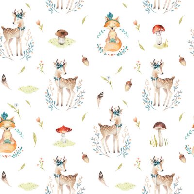 Papier peint à motif  Cute baby foxes et cerf animal seamless pattern illustration isolée pour vêtements pour enfants. Aquarelle Image boho dessinée par la main Idéal pour la conception de boîtiers de téléphone, les affich