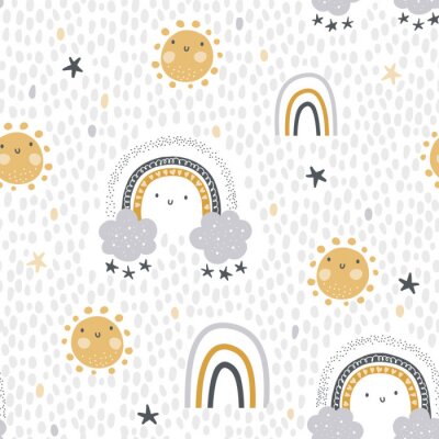 Papier peint à motif  Cute , childish seamless vector pattern for baby textile. Nursery decor, prints,  in abstract scandinavian style. Hand drawn rainbow, sun, stars and polka dots background. Pastel, tender colors. 