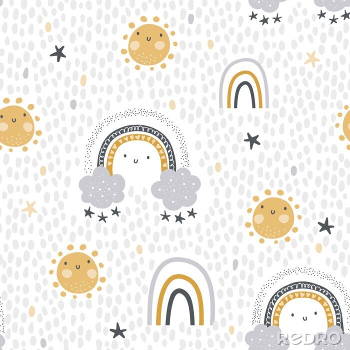 Papier peint à motif  Cute , childish seamless vector pattern for baby textile. Nursery decor, prints,  in abstract scandinavian style. Hand drawn rainbow, sun, stars and polka dots background. Pastel, tender colors. 