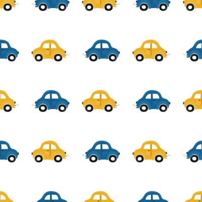 Papier peint à motif  Cute children's seamless pattern with blue and yellow small cars on a light background. Illustration of a automobils in a cartoon style for Wallpaper, fabric, and textile design. Vector