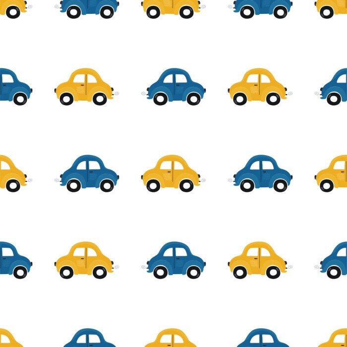 Papier peint à motif  Cute children's seamless pattern with blue and yellow small cars on a light background. Illustration of a automobils in a cartoon style for Wallpaper, fabric, and textile design. Vector