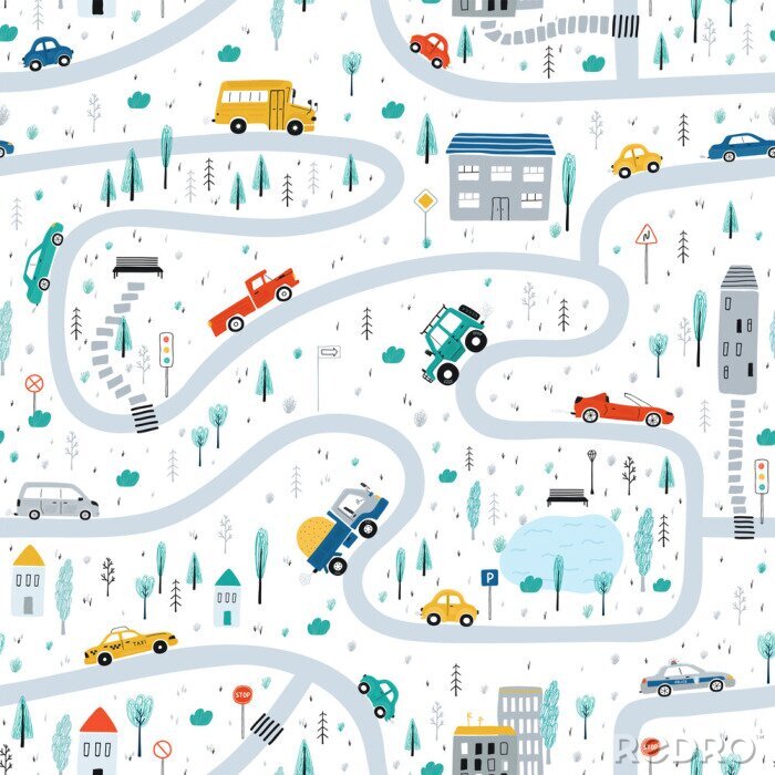 Papier peint à motif  Cute children's seamless pattern with cars, road, Park, houses on a white background. Illustration of a town in a cartoon style for Wallpaper, fabric, and textile design. Vector