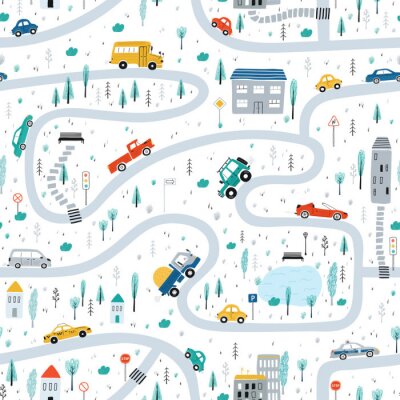 Papier peint à motif  Cute children's seamless pattern with cars, road, Park, houses on a white background. Illustration of a town in a cartoon style for Wallpaper, fabric, and textile design. Vector