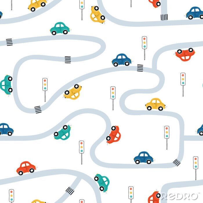 Papier peint à motif  Cute children's seamless pattern with mini cars on a white background. Illustration of a town in a cartoon style for Wallpaper, fabric, and textile design. Vector