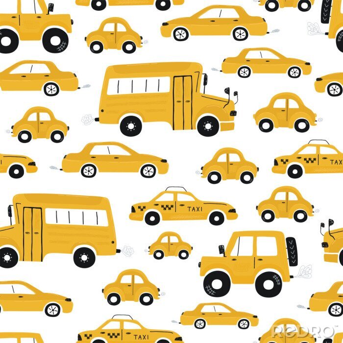 Papier peint à motif  Cute children's seamless pattern with yellow cars and bus on a white background. Illustration of a town in a cartoon style for Wallpaper, fabric, and textile design. Vector