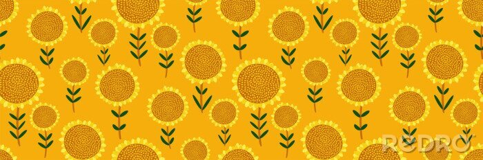 Papier peint à motif  Cute floral print. Seamless pattern with small hand drawn sunflowers on bright yellow background. Abstract botanical panorama, Wallpaper, fabric, template for sunny design...Vector illustration.
