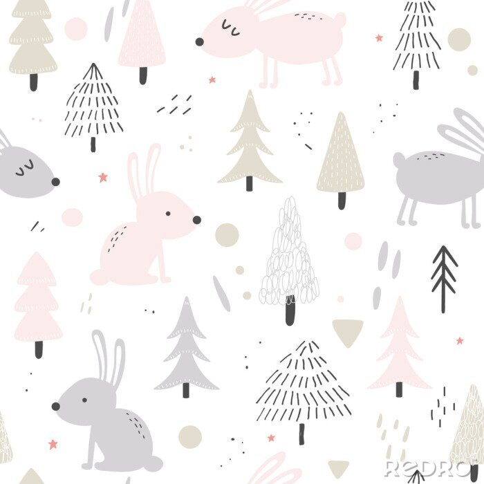 Papier peint à motif  Cute hares nature seamless background