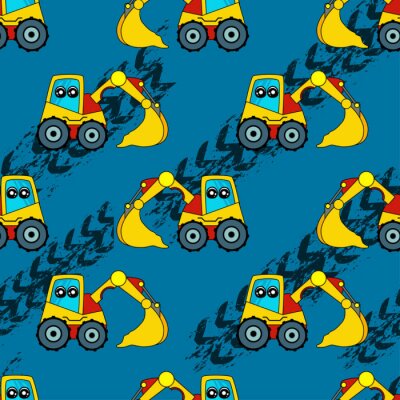 Papier peint à motif  Cute kids car, tractor pattern for girls and boys. Colorful car, auto, tractor on the abstract bright background create a fun cartoon drawing. Urban pattern for textile and fabric, kids. Neon color