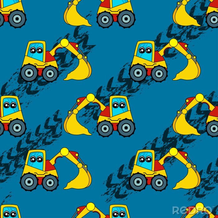Papier peint à motif  Cute kids car, tractor pattern for girls and boys. Colorful car, auto, tractor on the abstract bright background create a fun cartoon drawing. Urban pattern for textile and fabric, kids. Neon color