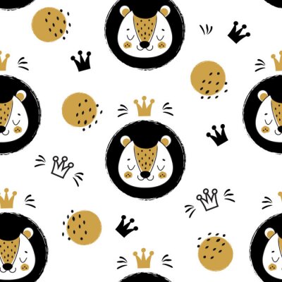 Papier peint à motif  Cute lion face and crowns. Seamless pattern, background with cartoon animal in scandinavian style