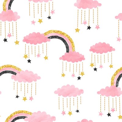 Papier peint à motif  Cute pink seamless pattern with rainbows, clouds and stars. Vector watercolor illustration for kids.