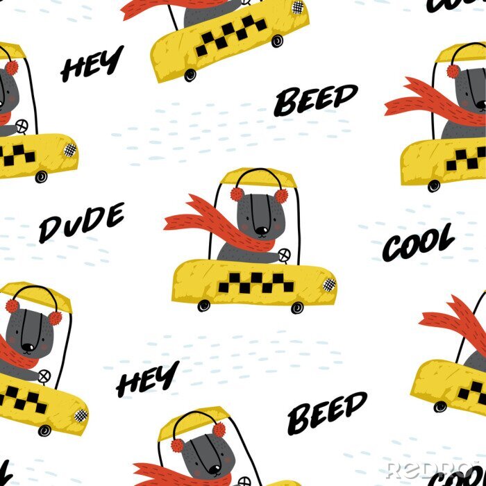Papier peint à motif  Cute seamless pattern with funny bear taxi driver. Perfect for kids apparel, fabric, textile, nursery decoration, wrapping paper. Childish vector background. Winter background.