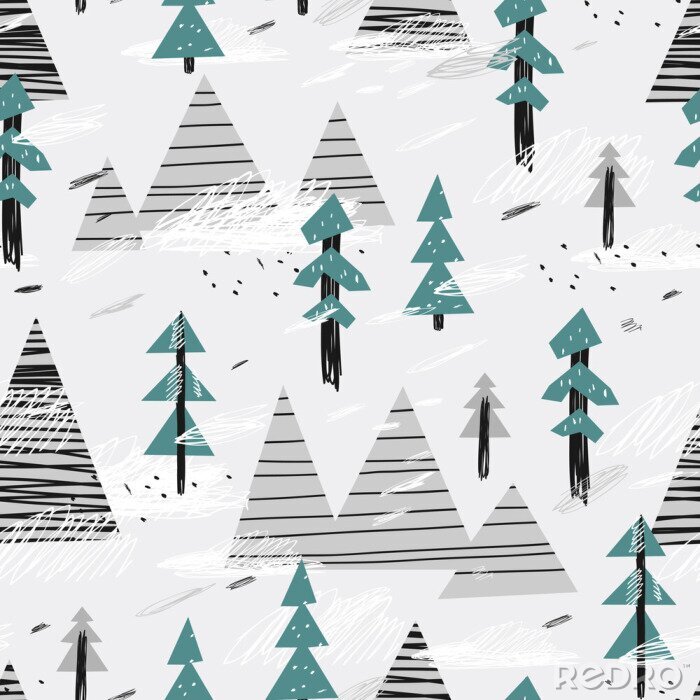 Papier peint à motif  Cute seamless pattern with mountains and trees. Creative scandinavian woodland background. Vector illustration. Childish illustration.